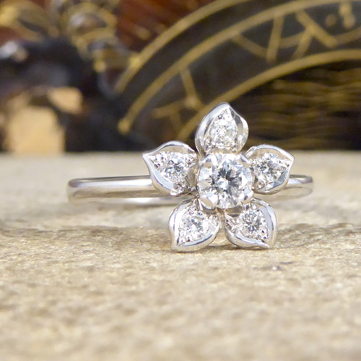 Modern Diamond Set Flower Ring in 18ct White Gold