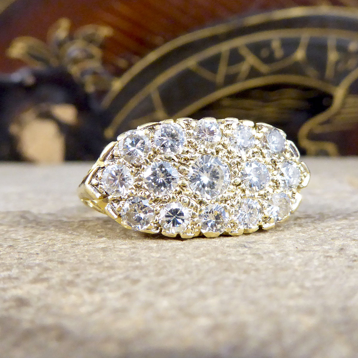 1.40ct Diamond Three Row Cluster Ring with Detailed Gallery in 18ct Yellow Gold