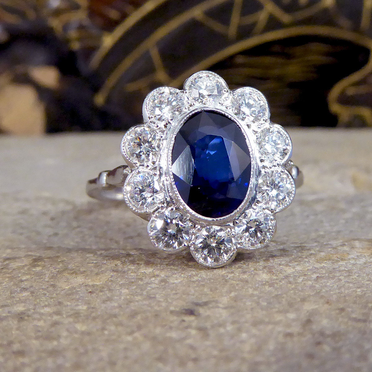 2.07ct Sapphire and 0.95ct Total Diamond Cluster Ring in Platinum