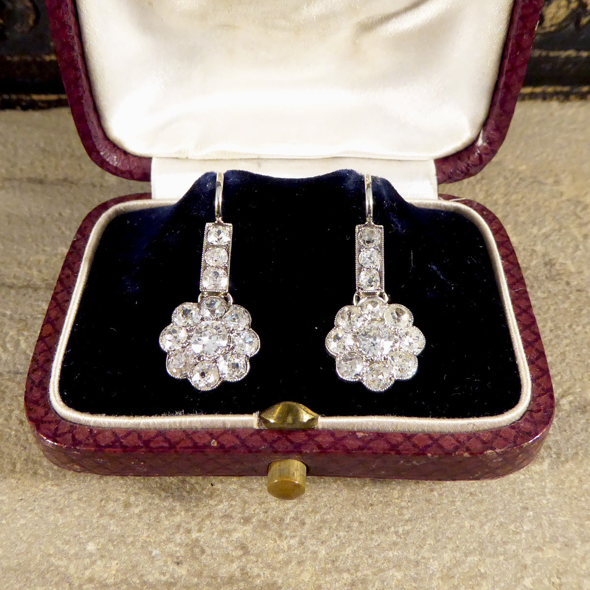Antique Edwardian 2.62ct Diamond Daisy Cluster Drop Earrings in 18ct White Gold
