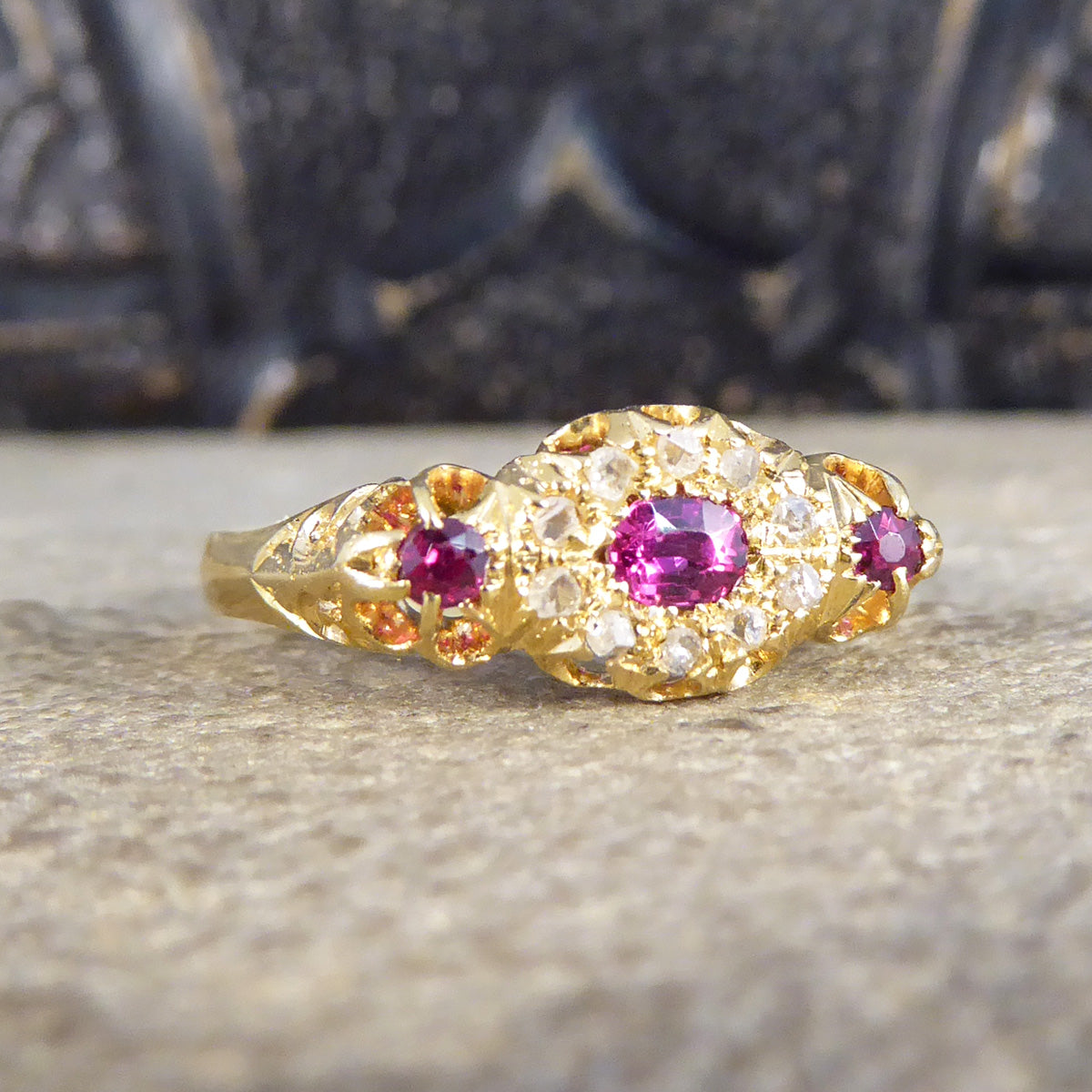 Antique Victorian Ruby and Diamond Cluster Ring with Ruby Shoulders Modelled in 18ct Yellow Gold