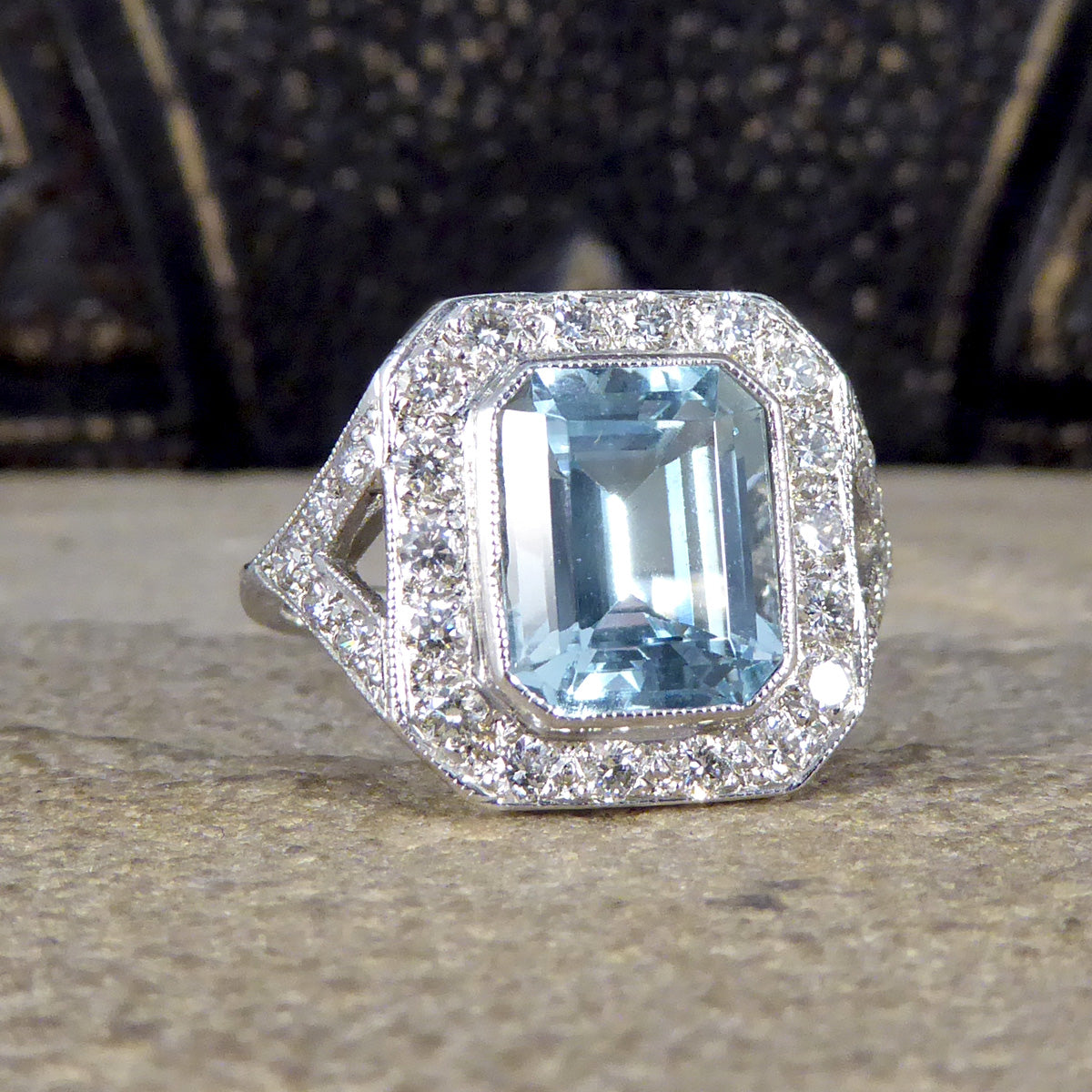 Art Deco Inspired 2.90ct Aquamarine and Diamond Cluster Ring with Diamond Shoulders in Platinum