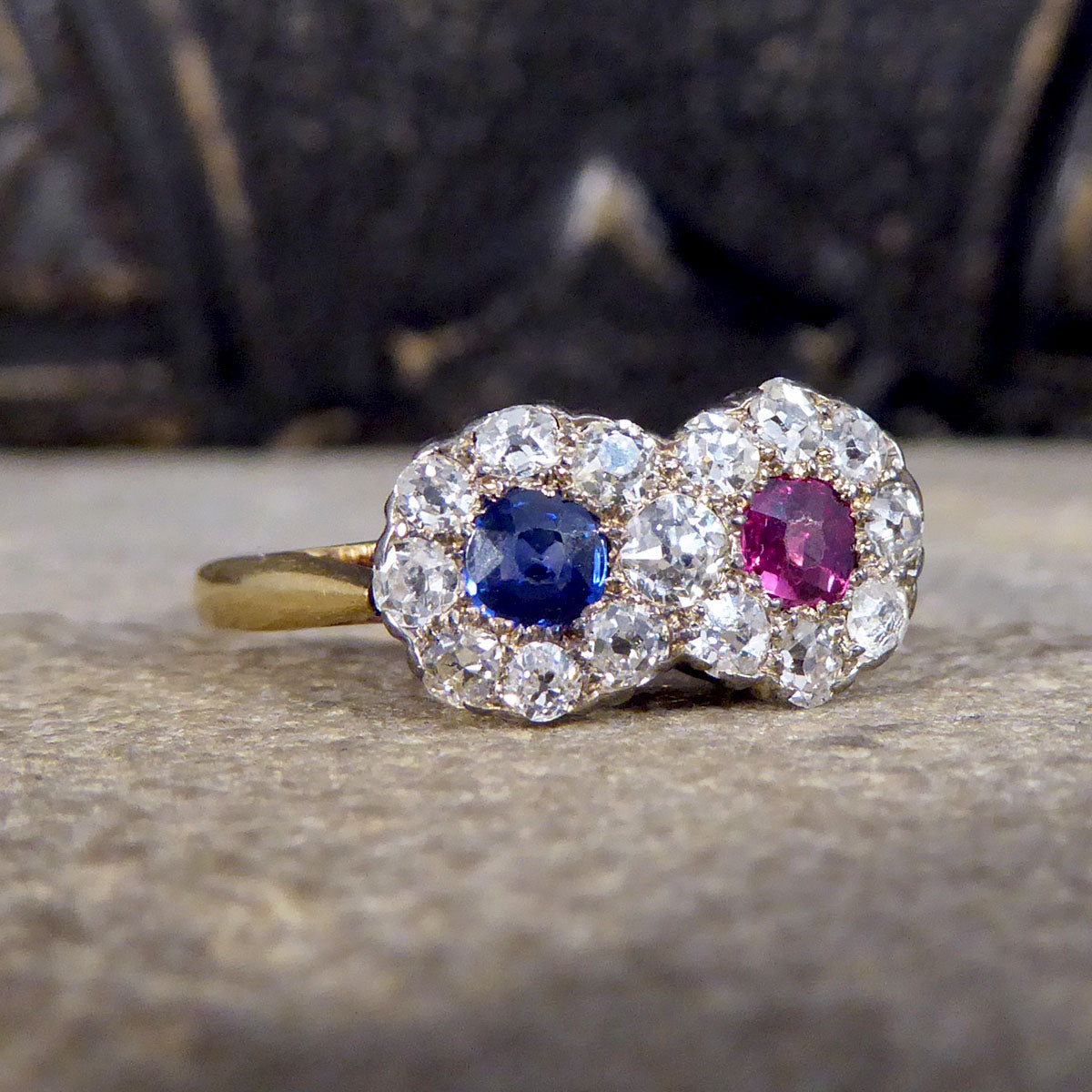 Edwardian Double Sapphire and Ruby Diamond Daisy Cluster Ring in 18ct Yellow Gold