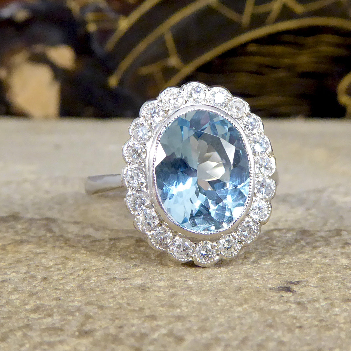 Edwardian Inspired 2.25ct Aquamarine and Diamond Cluster Ring in Platinum