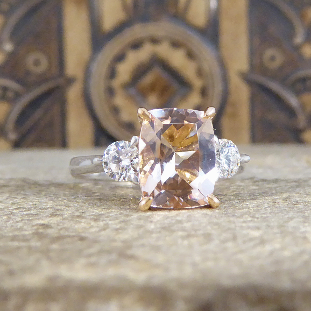 1.75ct Cushion Cut Pink Morganite and Diamond Three Stone Ring in 18ct Rose and White Gold