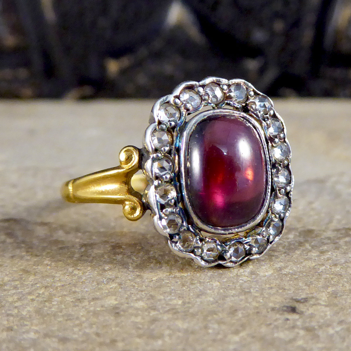 Antique Style Cabochon Garnet and Diamond Cluster Ring in 18ct Yellow Gold