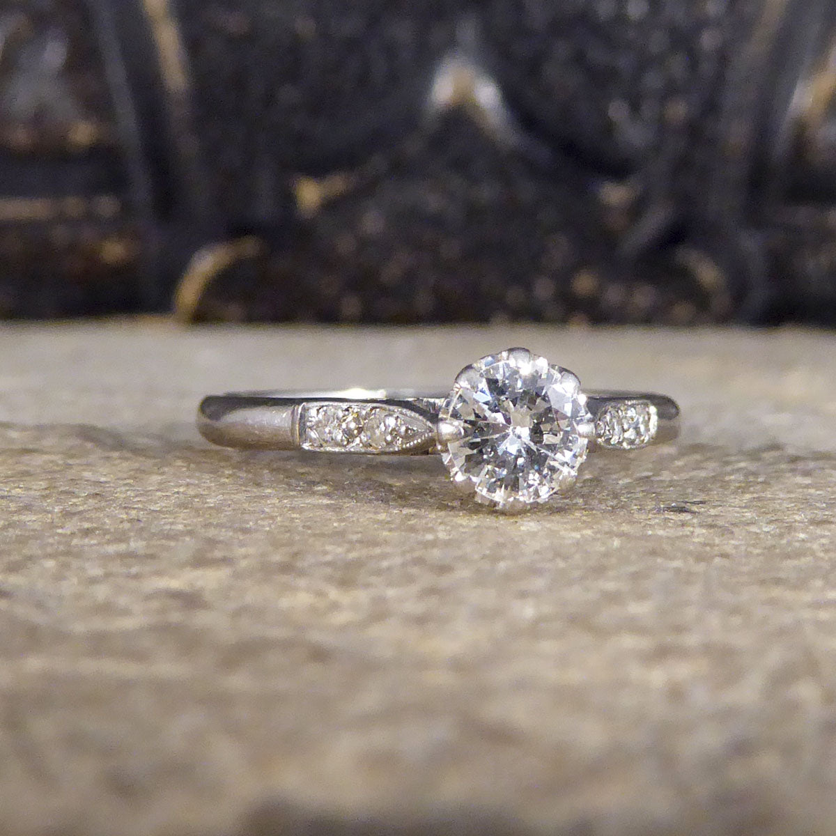 1930's Diamond Solitaire Ring with Diamond set Shoulders in 18ct White Gold and Platinum