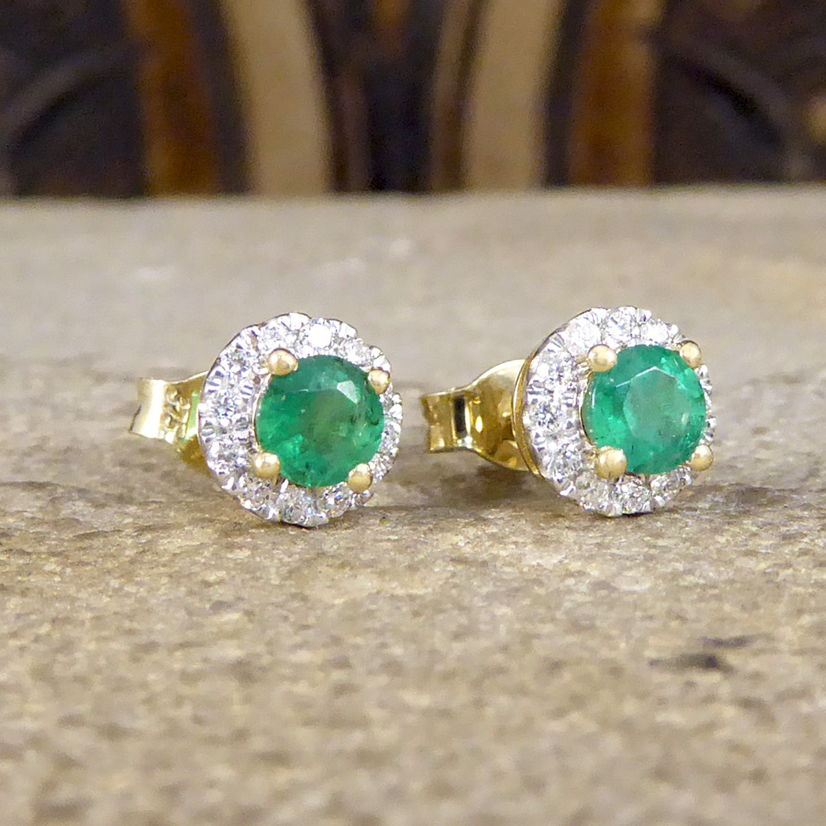 Emerald and Diamond Target Cluster Stud Earrings in 9ct White and Yellow Gold