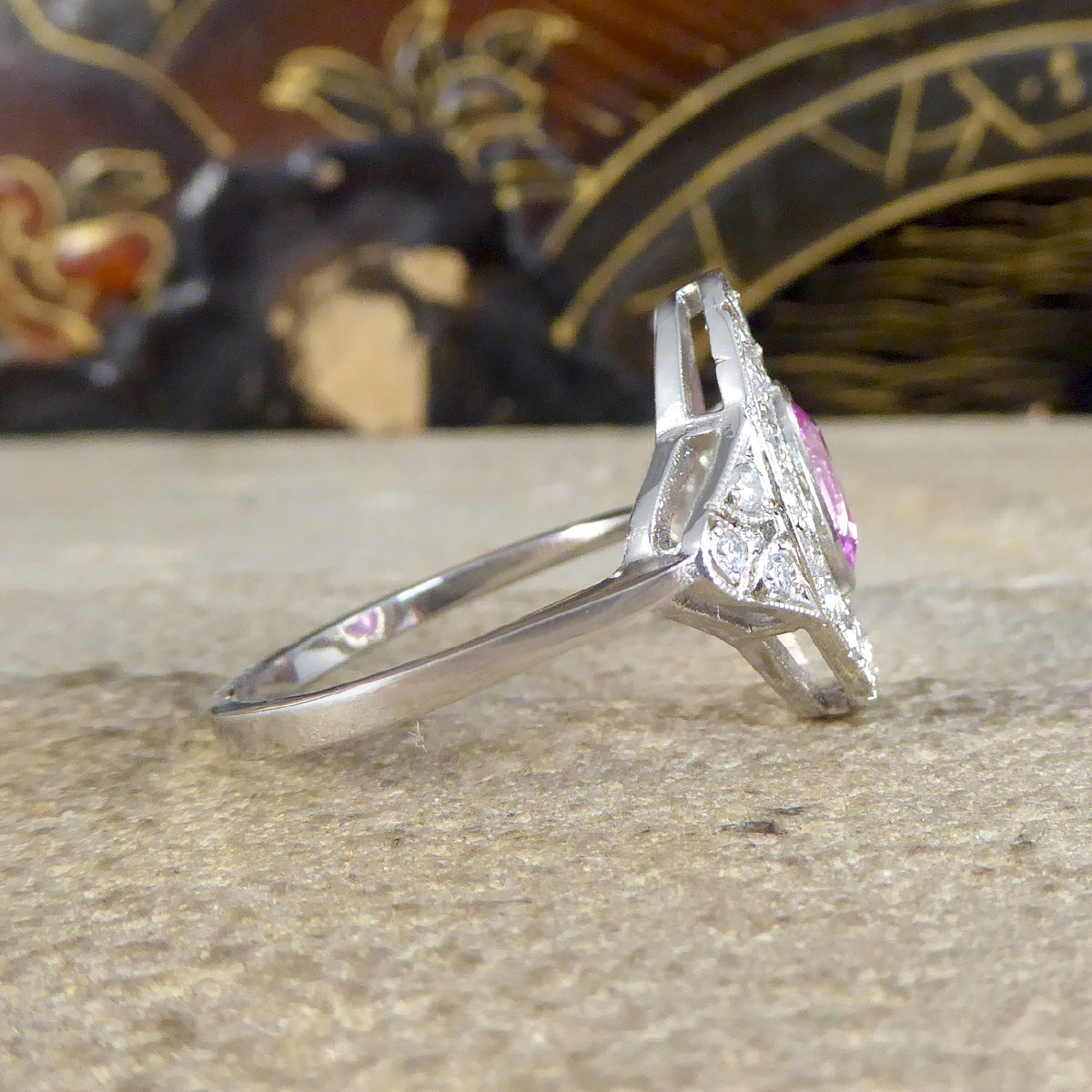 Art Deco Style Pink Sapphire and Diamond Navette Shaped Plaque Ring in Platinum