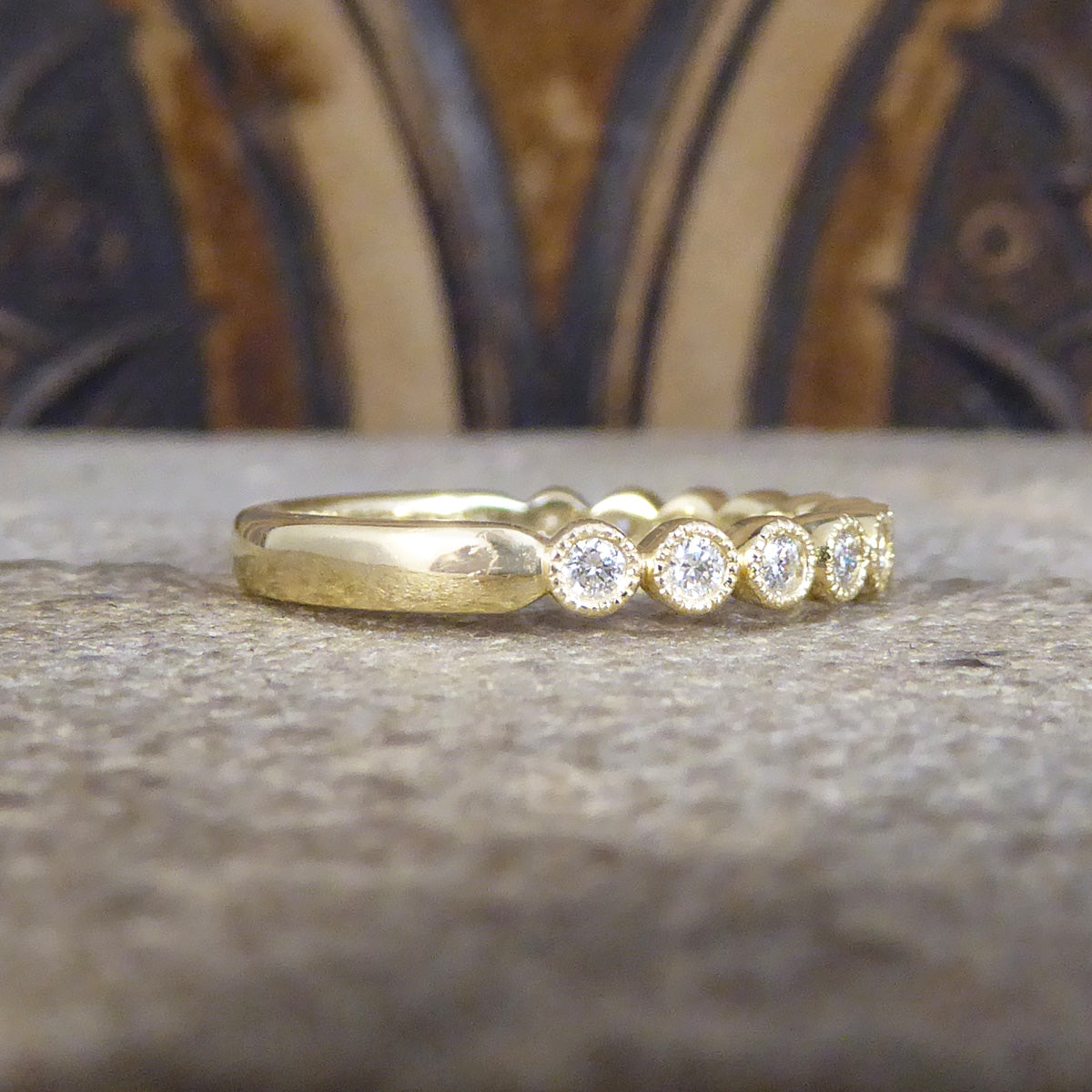 Diamond Half Eternity Ring in Circular Style Rub Over Collar Set Yellow Gold