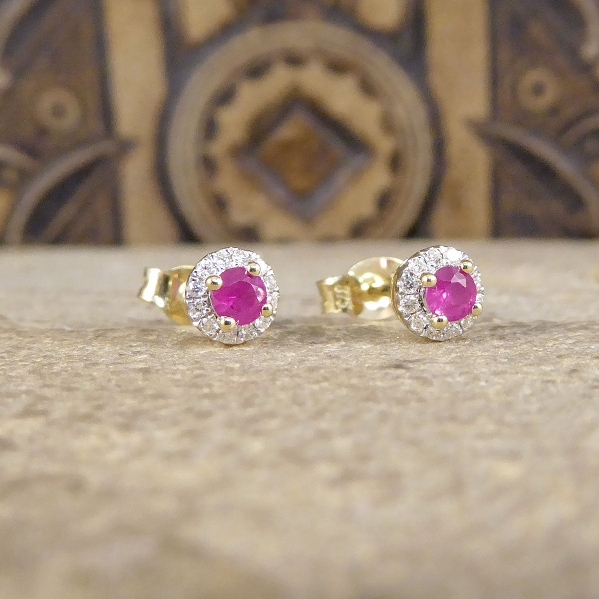 Ruby and Diamond Target Cluster Stud Earrings in 9ct Yellow and White Gold