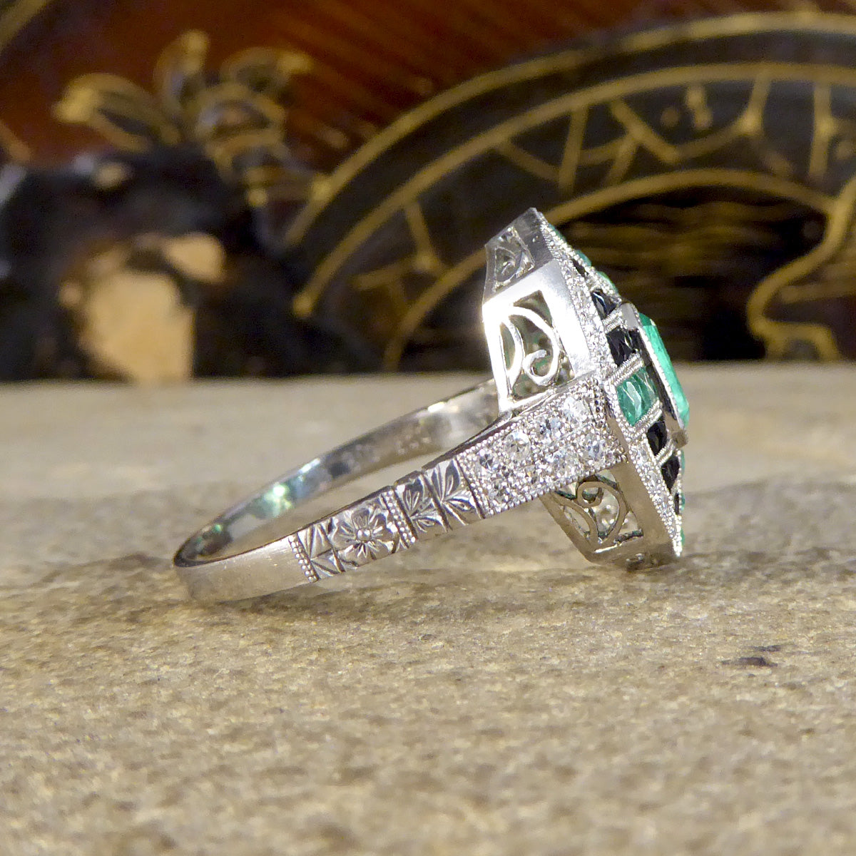 Art Deco Style Vintage Emerald Onyx and Diamond Geometric Cluster Ring in Platinum