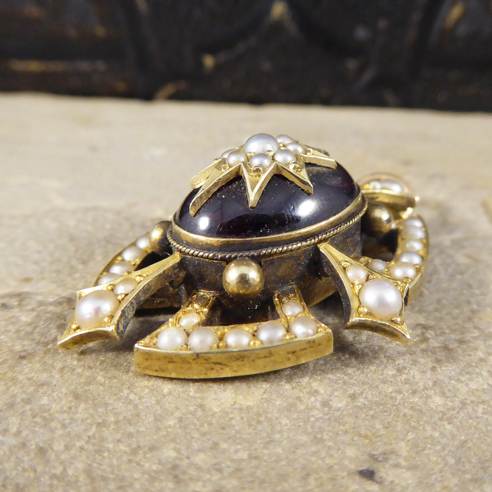 Victorian Cabochon Garnet and Seed Pearl Pendant in 15ct Yellow Gold