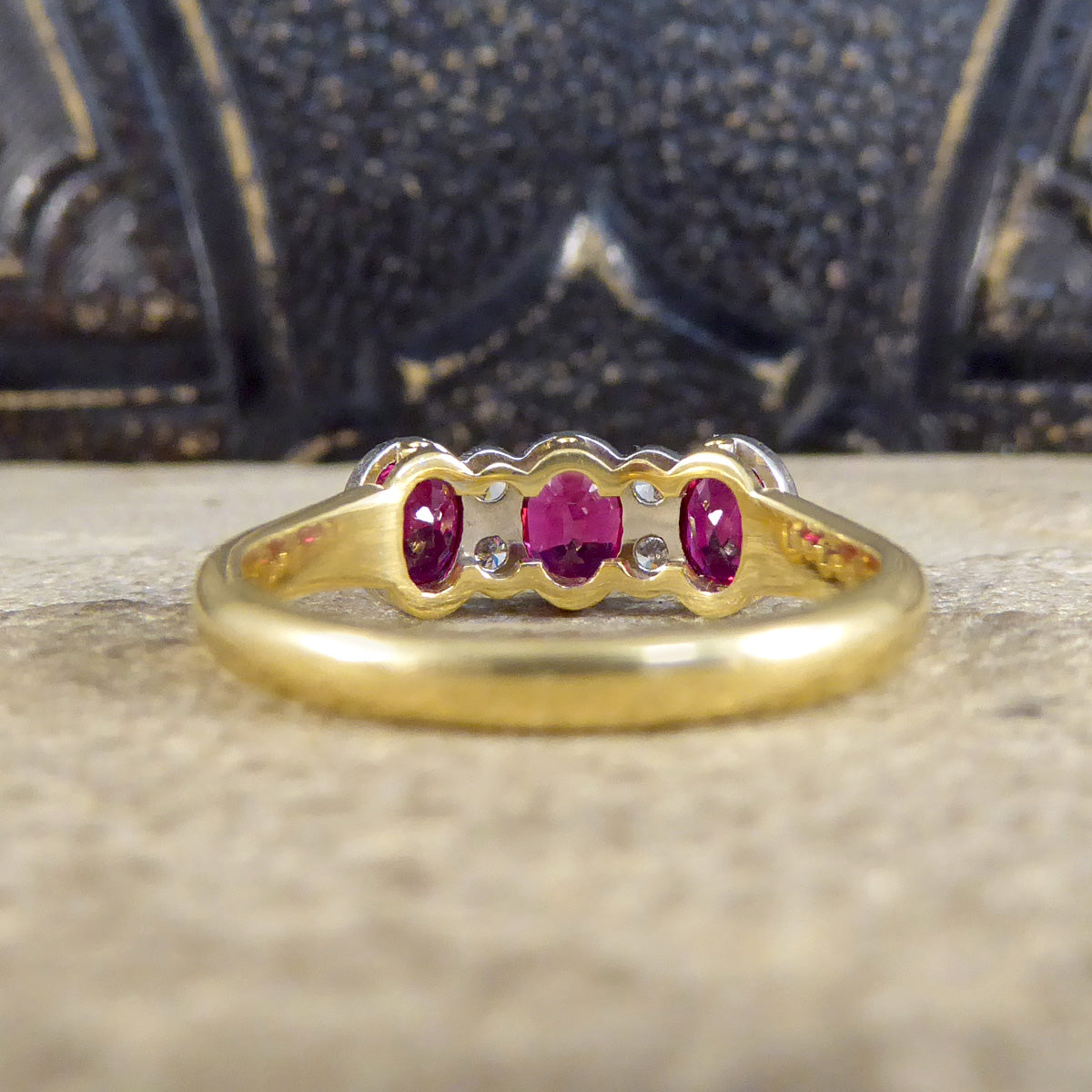 Quality Burma Ruby Three Stone Ring with Diamond Spacers in 18ct Yellow and White Gold