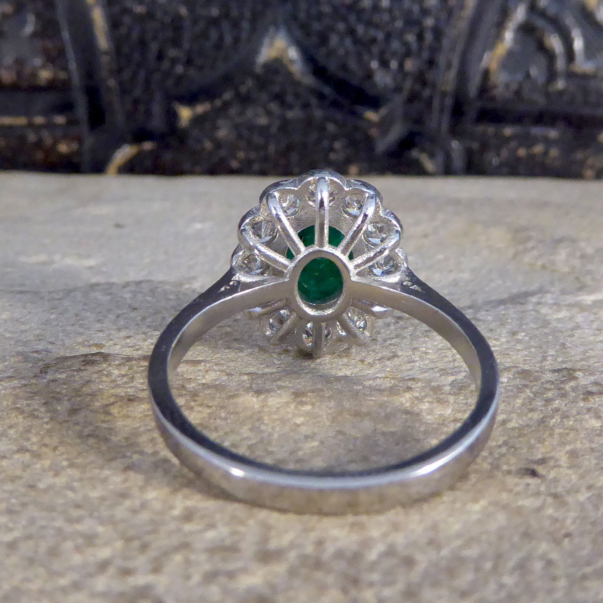 1.27ct Cabochon Emerald and 1.02ct Diamond Cluster Ring in Platinum