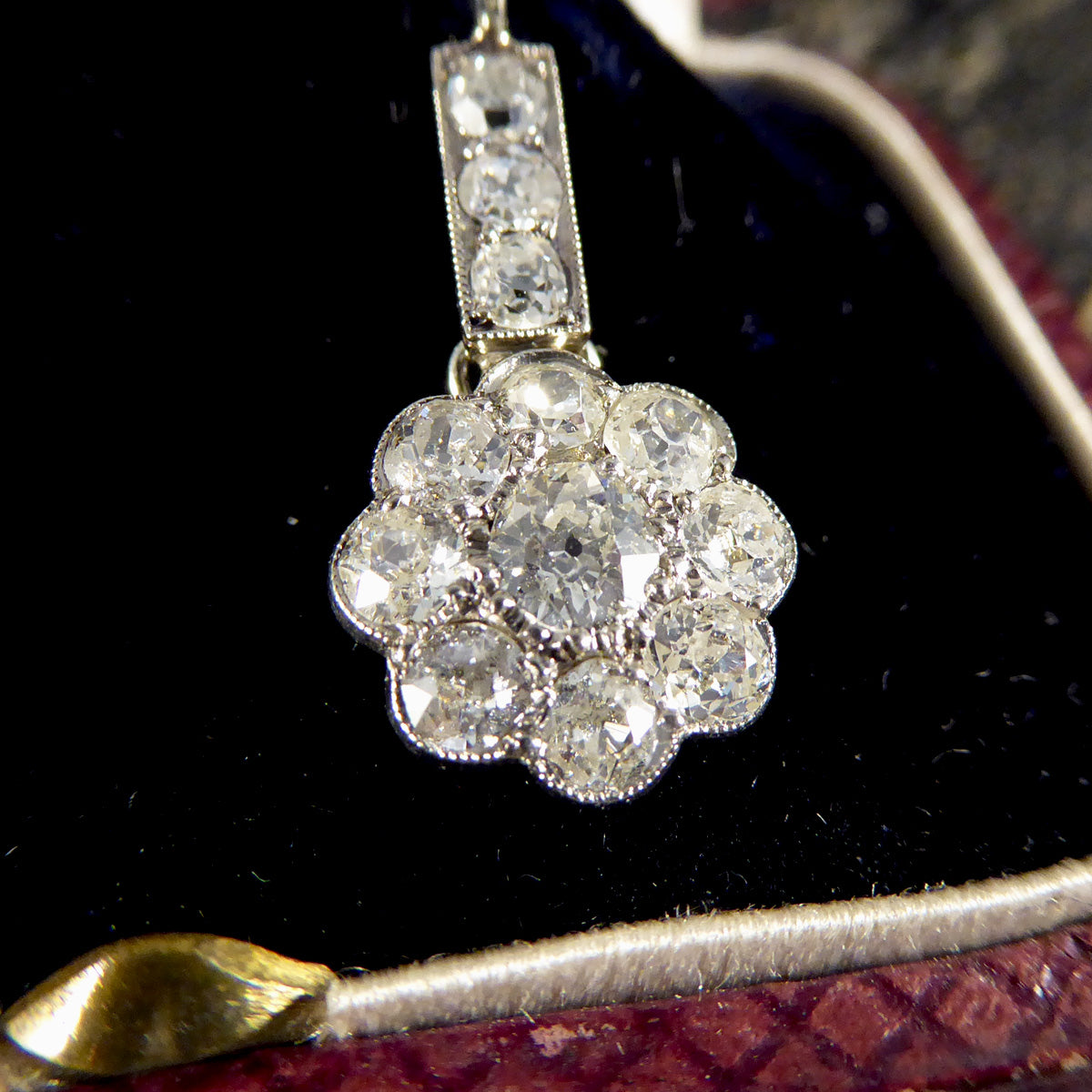 Antique Edwardian 2.62ct Diamond Daisy Cluster Drop Earrings in 18ct White Gold