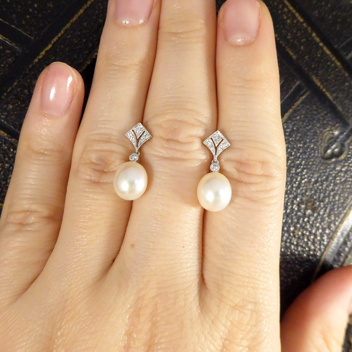 Art Deco Period Replica Diamond Set Pearl Drop Earrings in 18ct White Gold