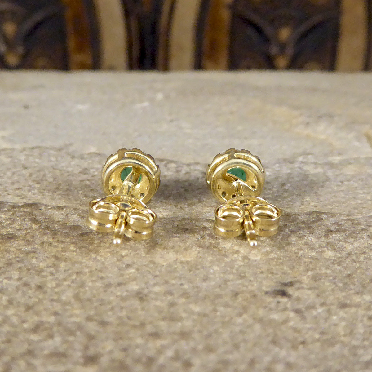 Emerald and Diamond Target Cluster Stud Earrings in 9ct White and Yellow Gold