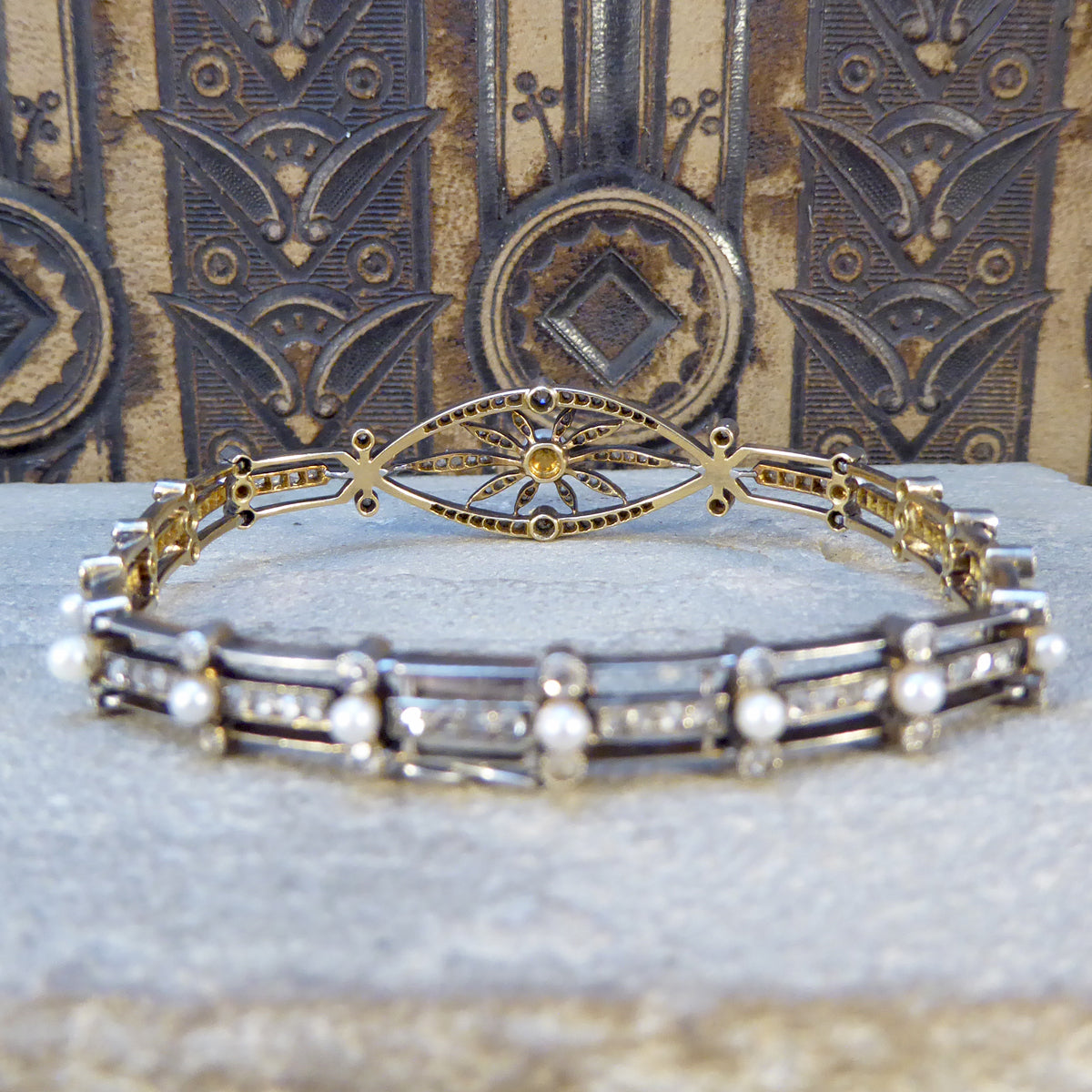 Late Victorian Diamond and Pearl Panel Bracelet in 15ct Yellow Gold and Silver