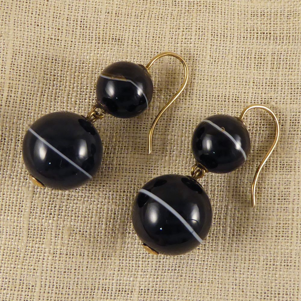 Antique Late Victorian Banded Agate Drop Earrings