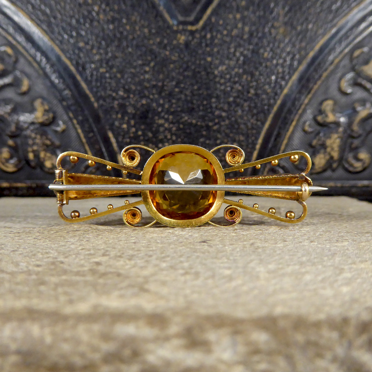 Antique C1900 Collar Set Citrene Brooch with Pearl and Dot Decorative Wings in 15ct Yellow Gold