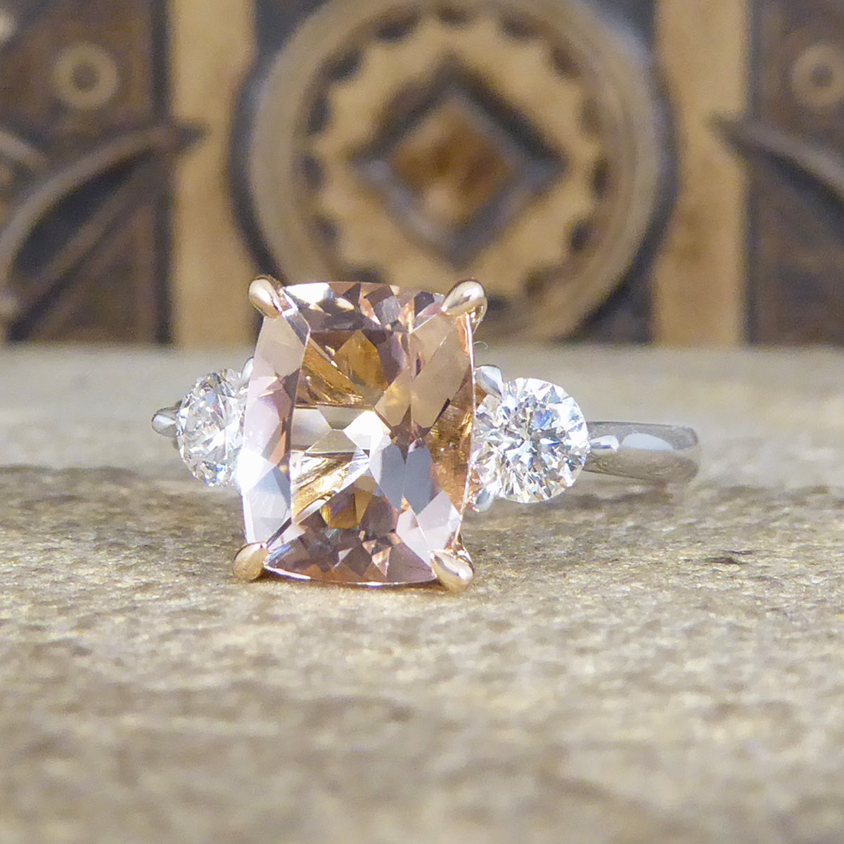 1.75ct Cushion Cut Pink Morganite and Diamond Three Stone Ring in 18ct Rose and White Gold