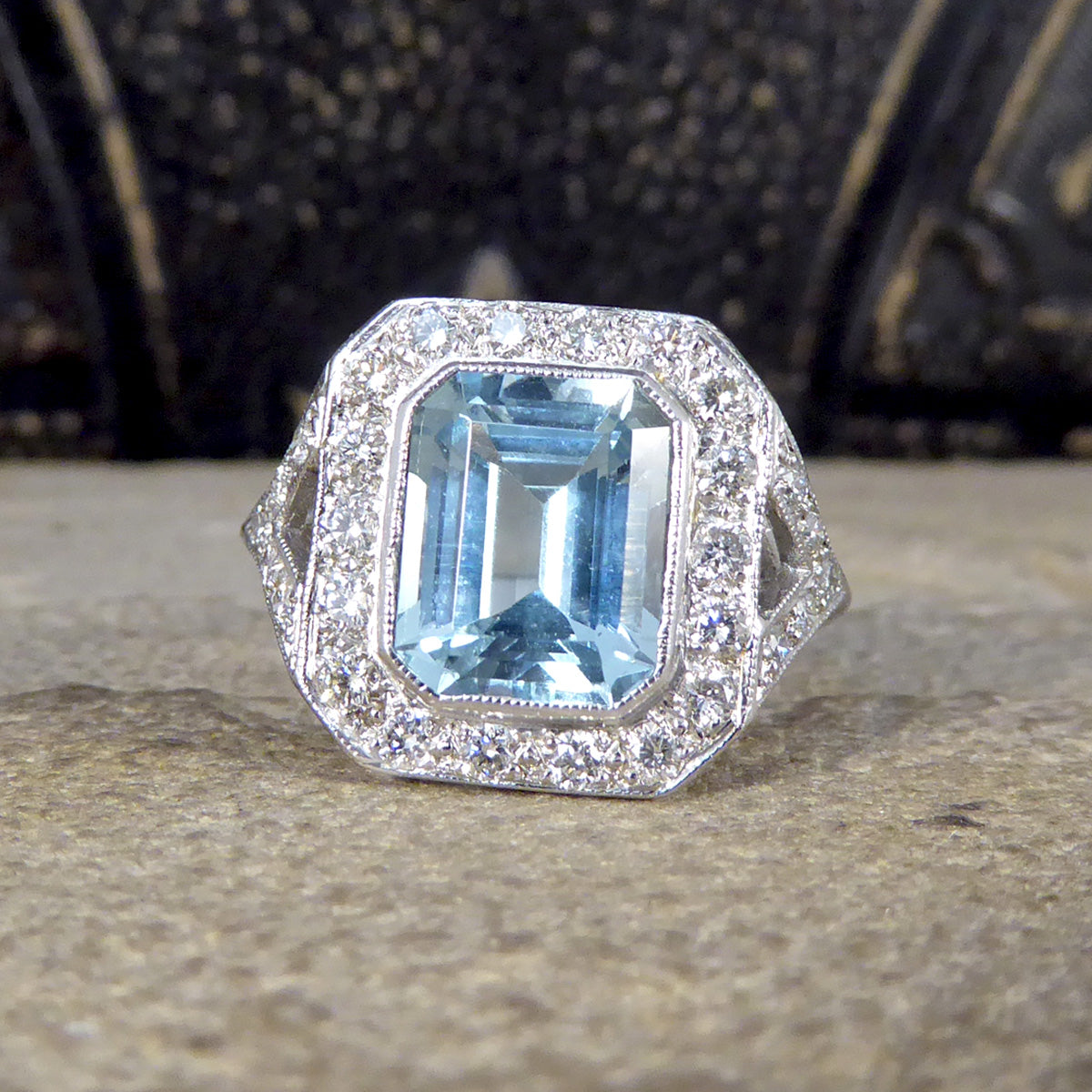 Art Deco Inspired 2.90ct Aquamarine and Diamond Cluster Ring with Diamond Shoulders in Platinum