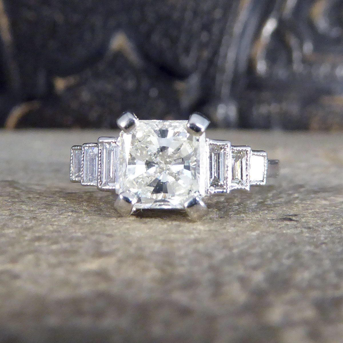 1.37ct Radiant Cut Diamond Engagement Ring with Baguette Cut Diamond Shoulders in Platinum