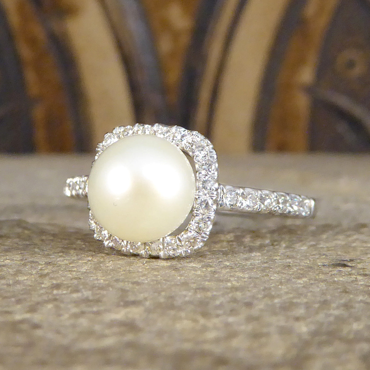Fresh Water Culture Pearl and Diamond Square Halo Ring in White Gold