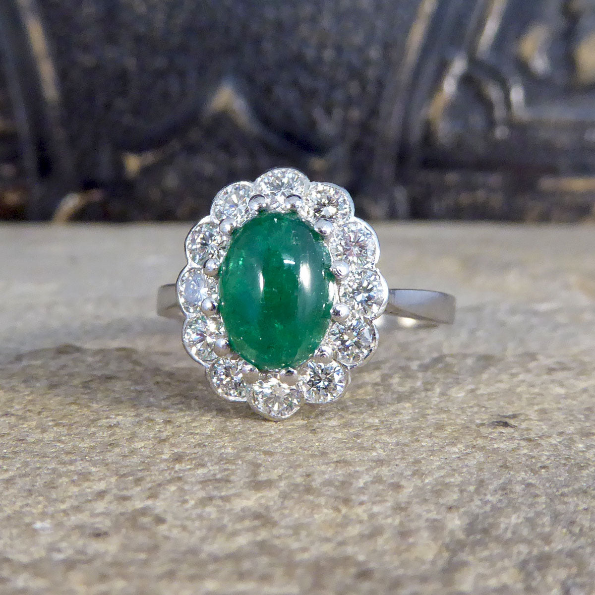 1.27ct Cabochon Emerald and 1.02ct Diamond Cluster Ring in Platinum