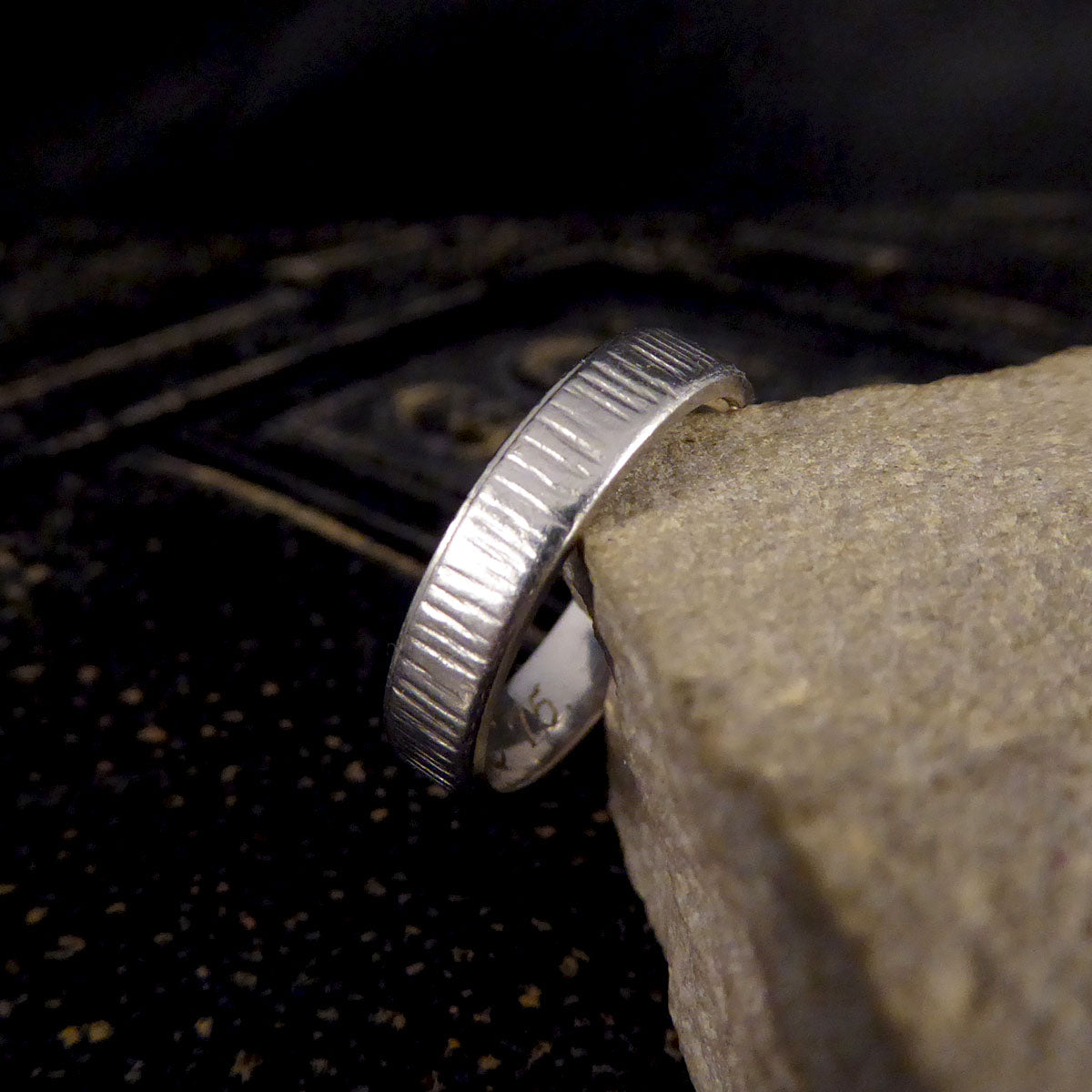 Small in Size Platinum Band Ring with Bark Effect Detailing