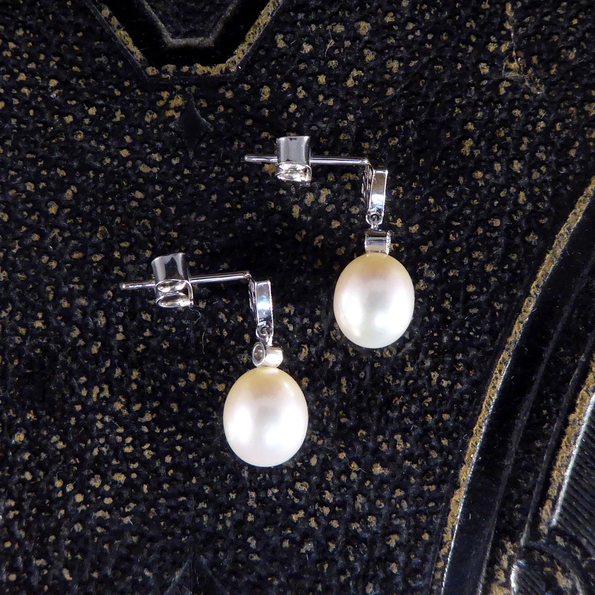 Art Deco Period Replica Diamond Set Pearl Drop Earrings in 18ct White Gold