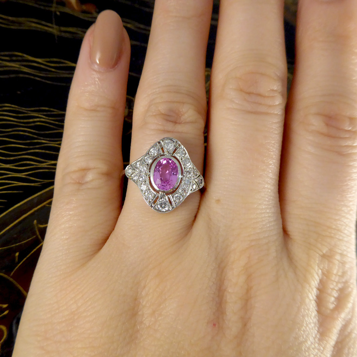 Art Deco Style Pink Sapphire and Diamond Navette Shaped Plaque Ring in Platinum
