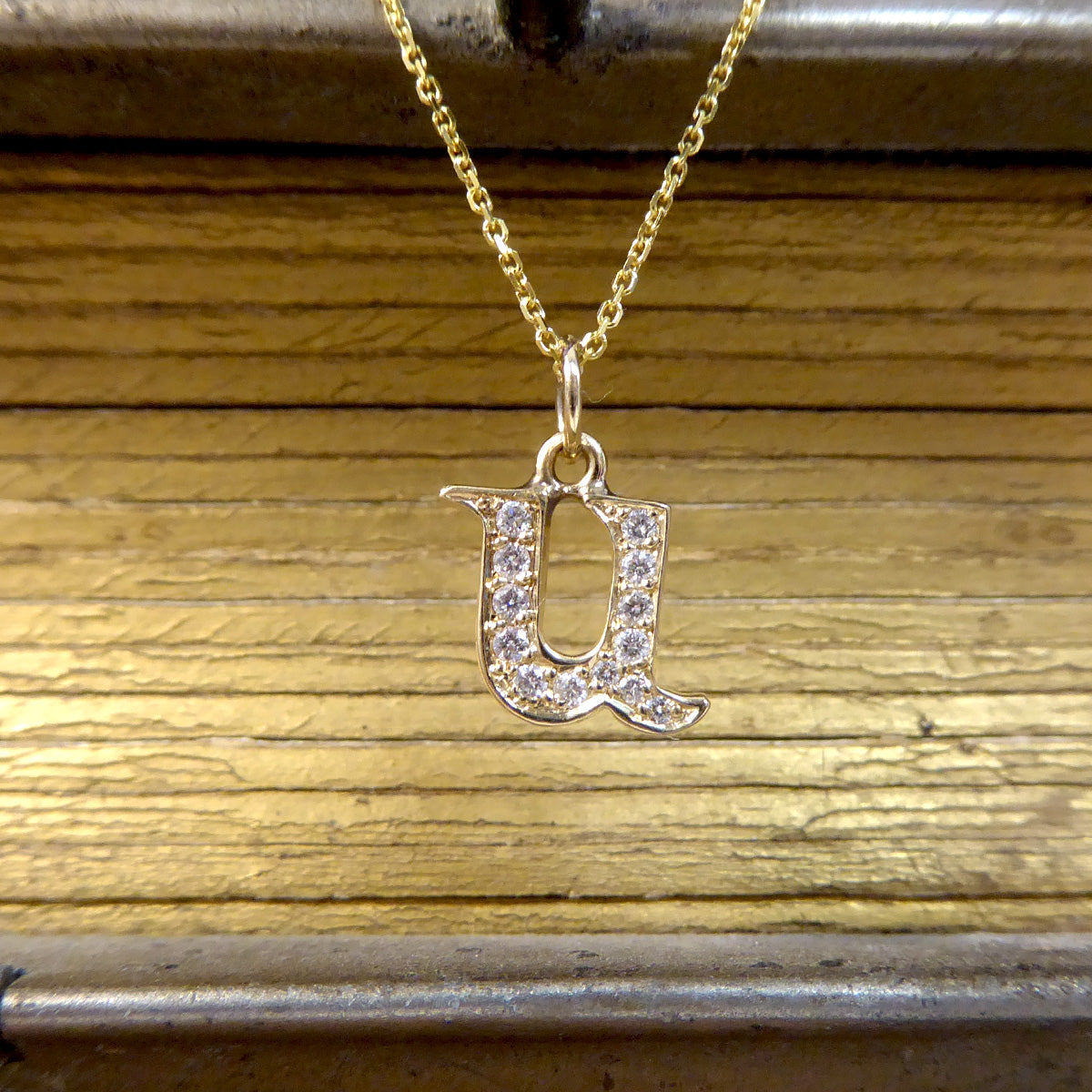 Diamond Set U Initial Pendant in 18ct Yellow Gold on a Yellow Gold Necklace Chain