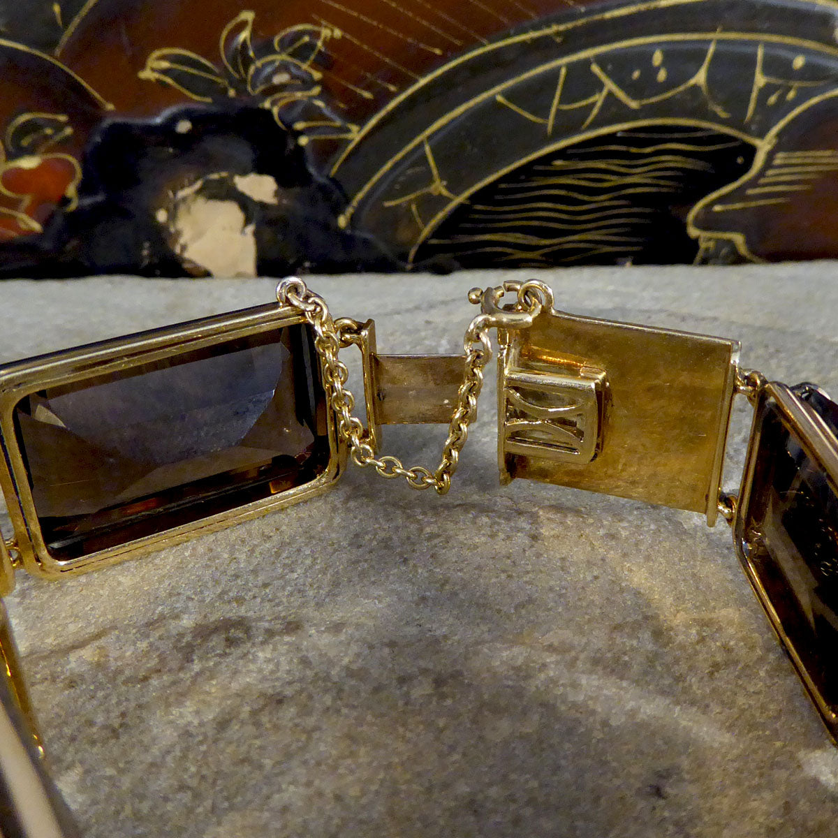 1970's Smokey Quartz Panel Bracelet in 9ct Yellow Gold with Bark Detail