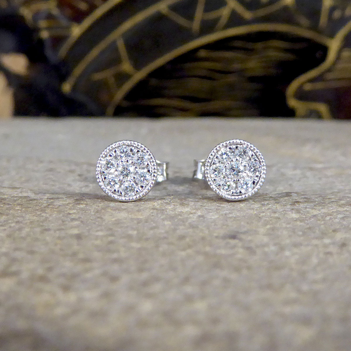 Diamond Cluster Stud Earrings in 9ct White Gold Milgrain Circular Setting