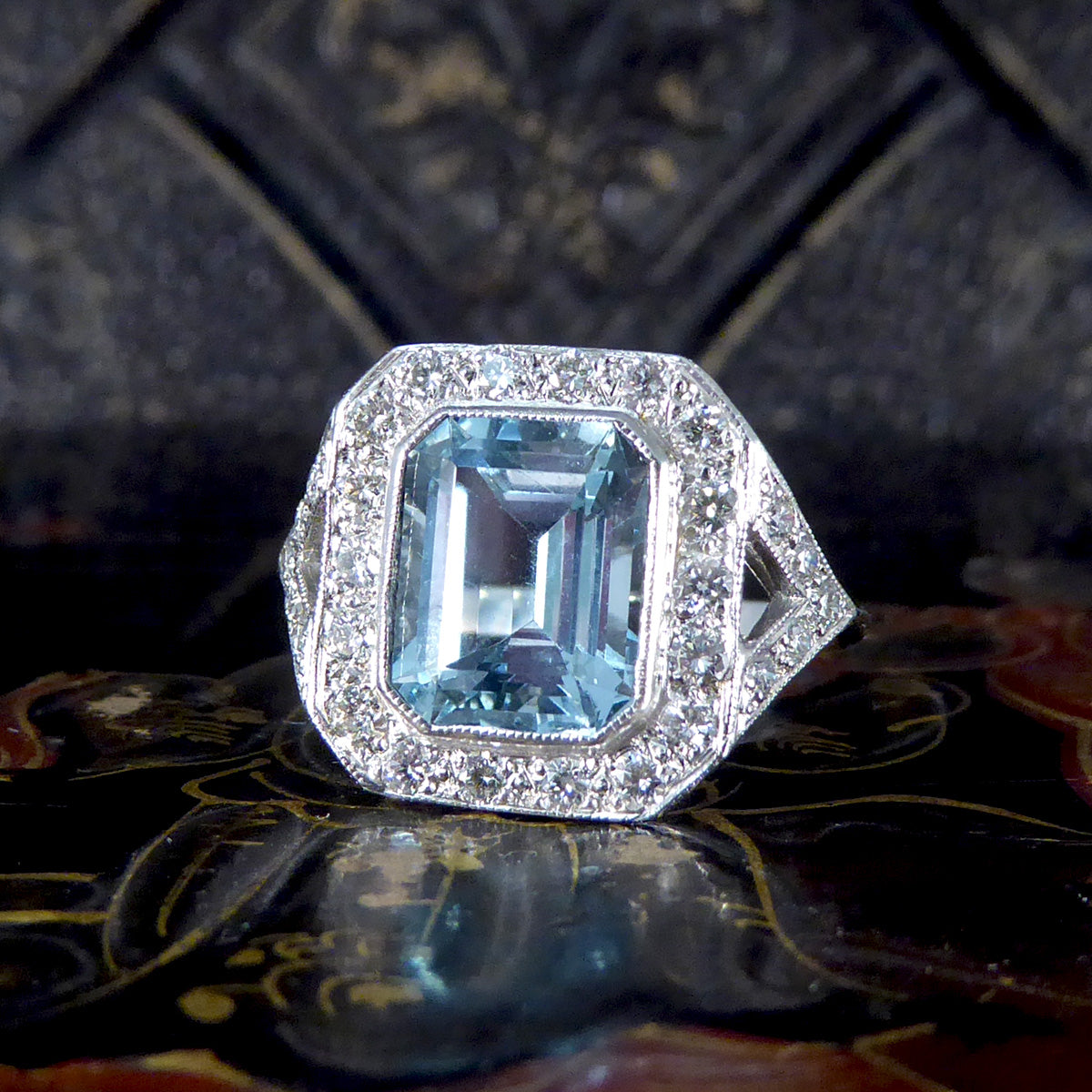 Art Deco Inspired 2.90ct Aquamarine and Diamond Cluster Ring with Diamond Shoulders in Platinum