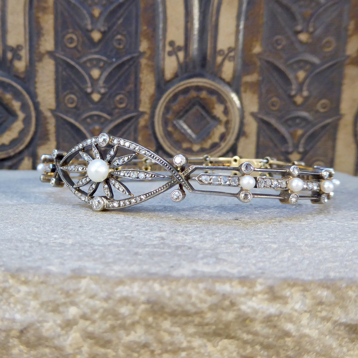 Late Victorian Diamond and Pearl Panel Bracelet in 15ct Yellow Gold and Silver