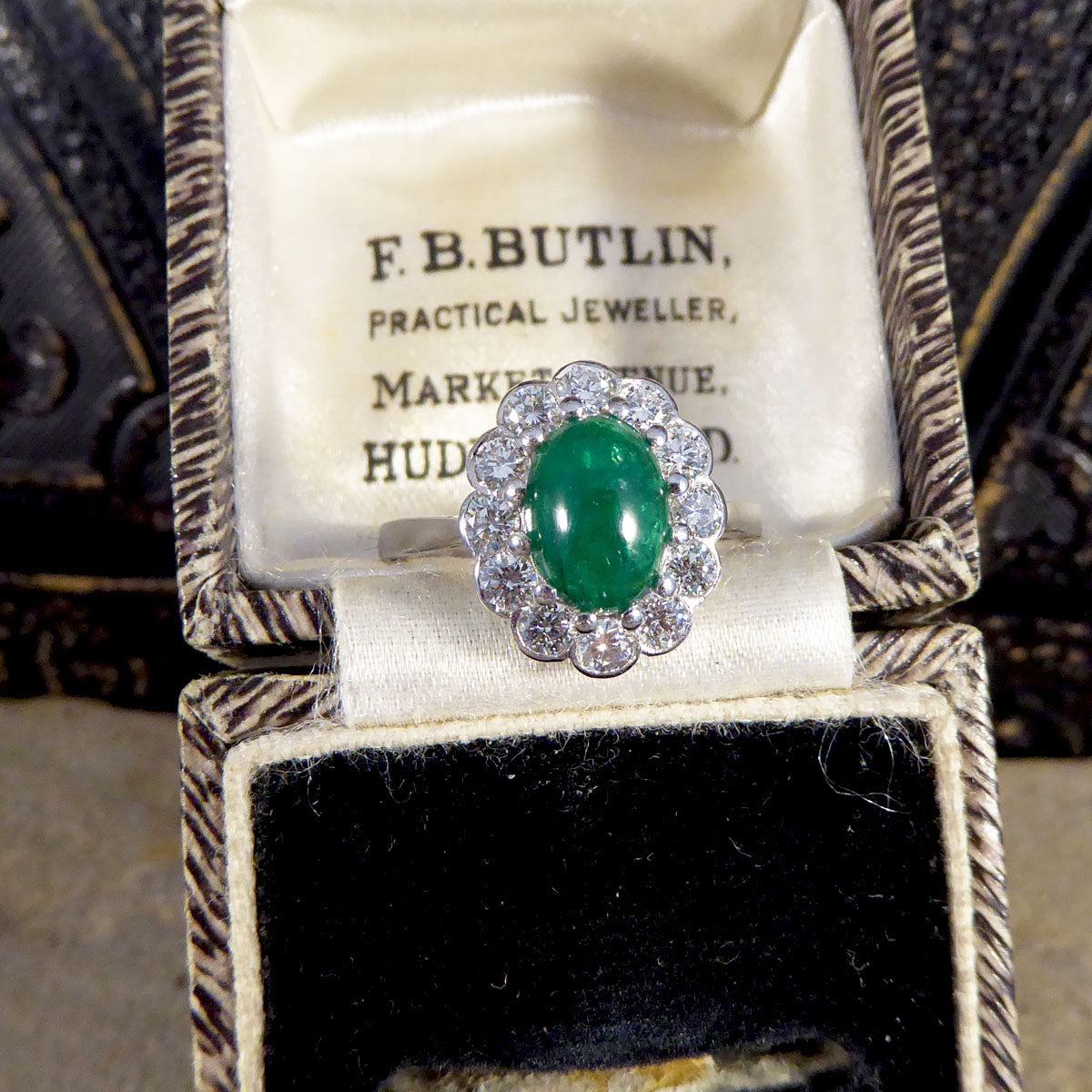 1.27ct Cabochon Emerald and 1.02ct Diamond Cluster Ring in Platinum