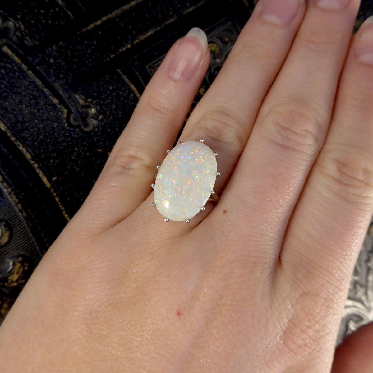Contemporary Single Oval Colourful Opal Ring in 18ct White Gold