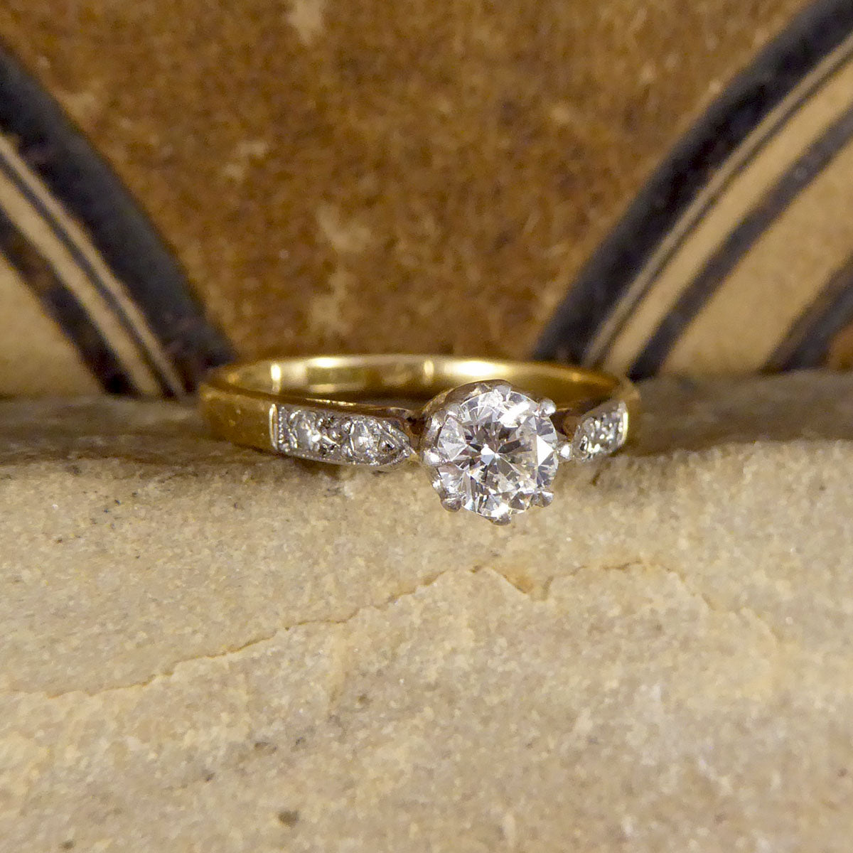 1920's Diamond Solitaire Ring with Diamond set Shoulders in 18ct Yellow Gold and Platinum