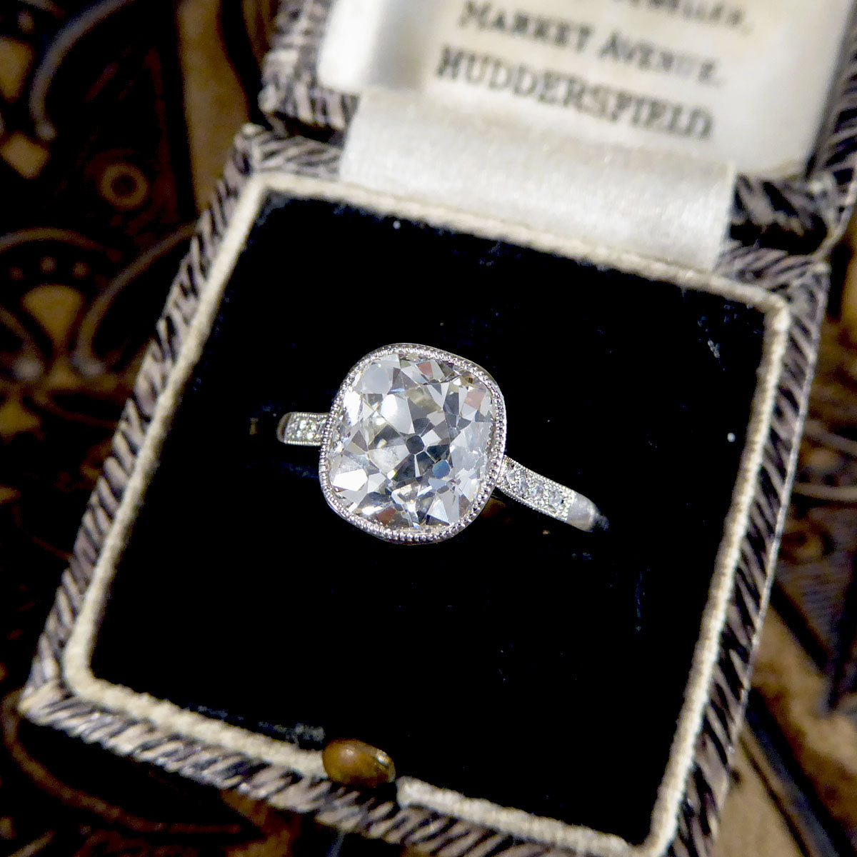 2.35ct Old Cushion Cut Diamond Collar Set Solitaire Engagement Ring with Diamond Shoulders in Platinum