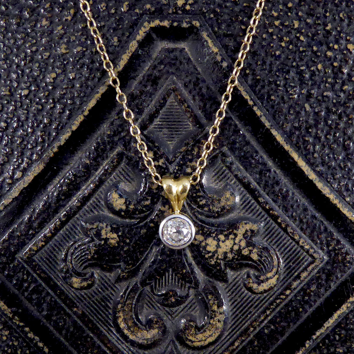 Vintage 0.50ct Old Cut Diamond Rub Over Pendant in 18ct White and Yellow Gold with 9ct Yellow Gold Chain