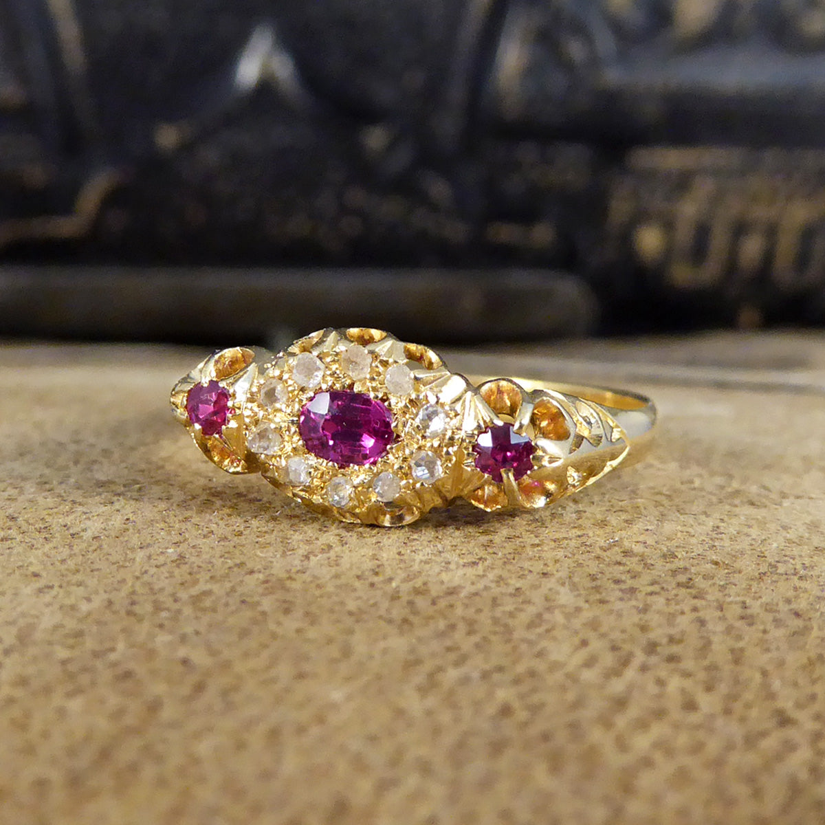 Antique Victorian Ruby and Diamond Cluster Ring with Ruby Shoulders Modelled in 18ct Yellow Gold