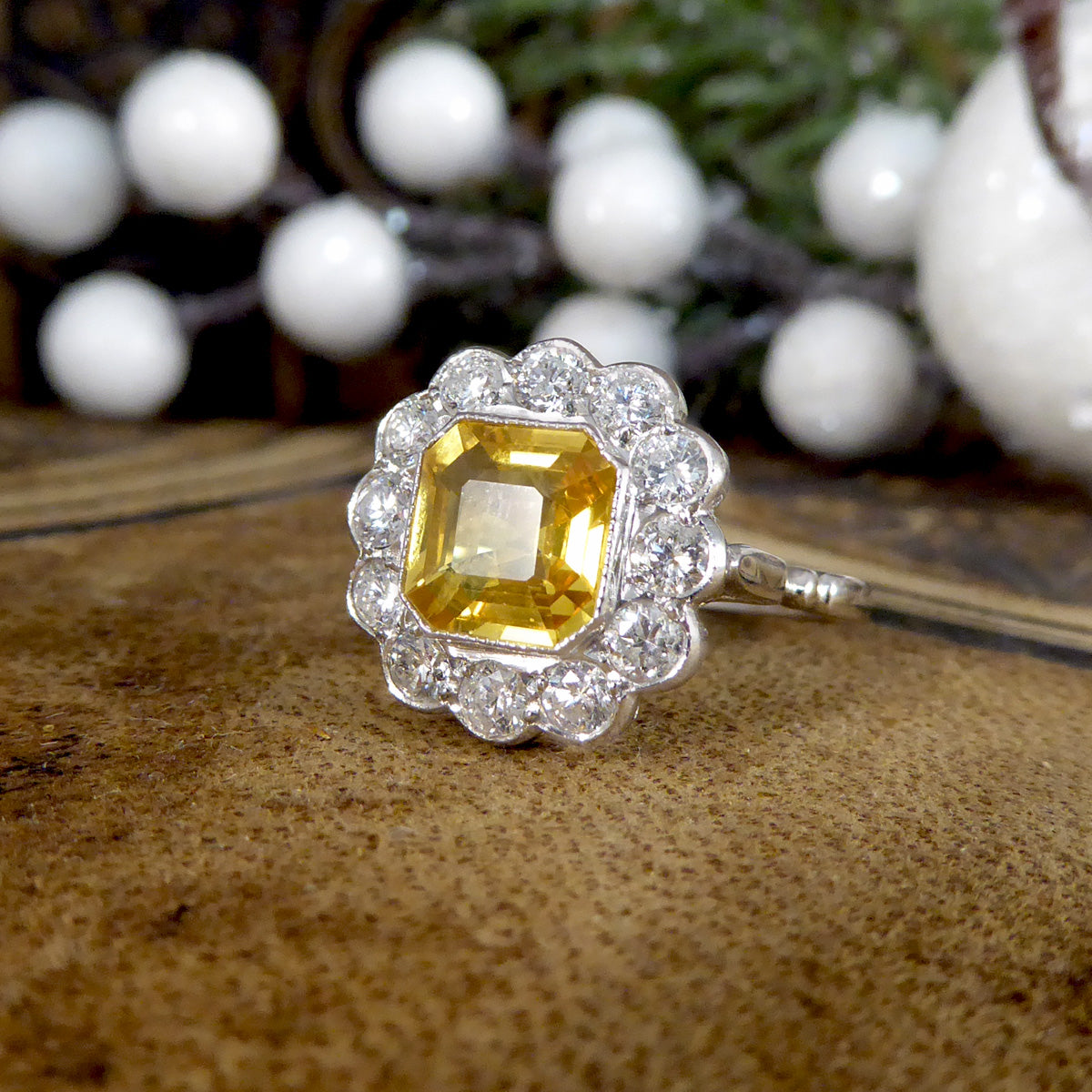 2.10ct Asscher Cut Yellow Sapphire and 0.90ct Diamond Cluster Ring in 18ct White Gold