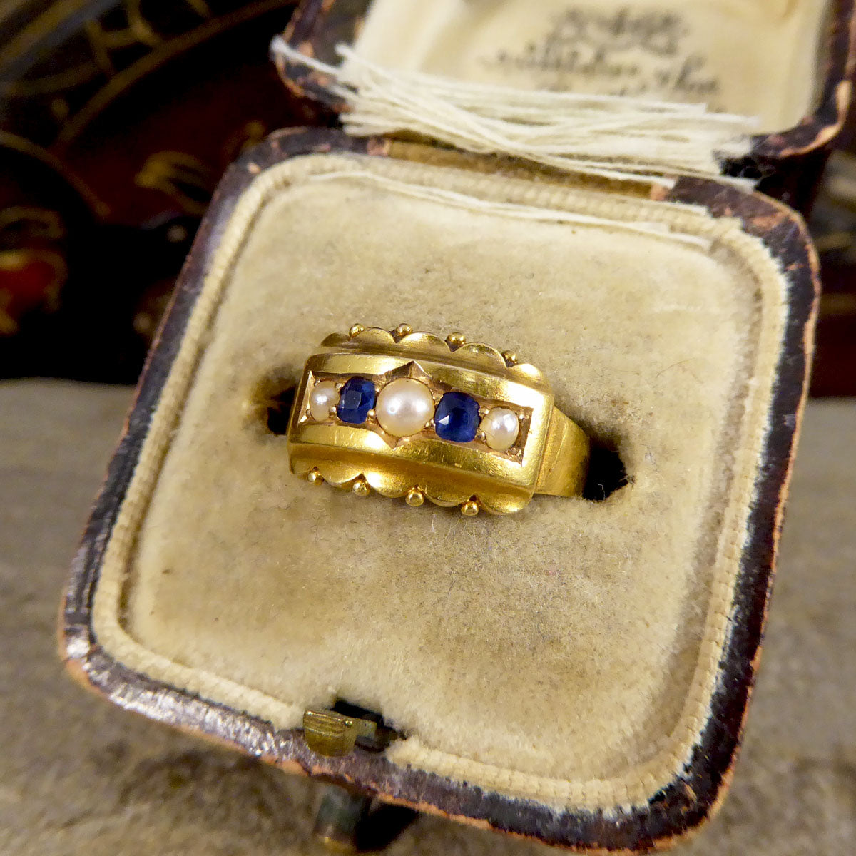 Antique Late Victorian Sapphire and Pearl Five Stone Ring in 15ct Yellow Gold