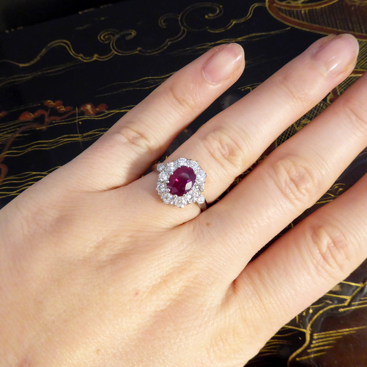 Contemporary 1.28ct Ruby and 0.95ct Diamond Cluster Ring in Platinum
