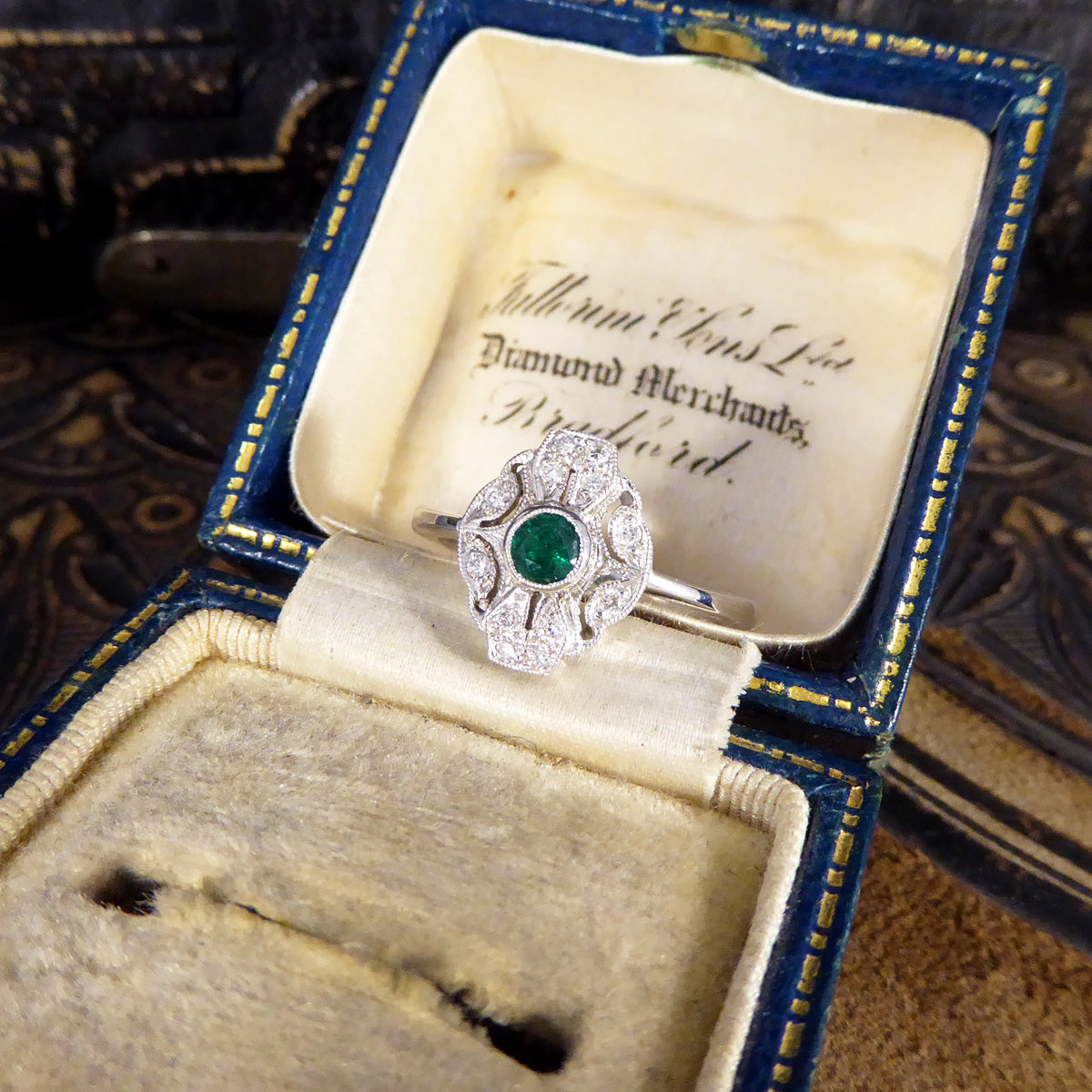 Premium Period Art Deco Replica Emerald and Diamond Plaque Ring in 18ct White Gold