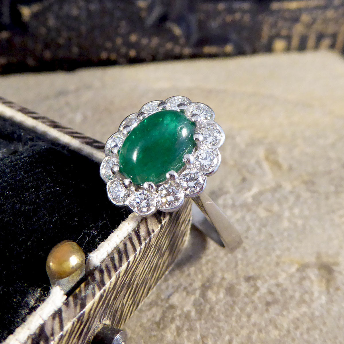 1.27ct Cabochon Emerald and 1.02ct Diamond Cluster Ring in Platinum