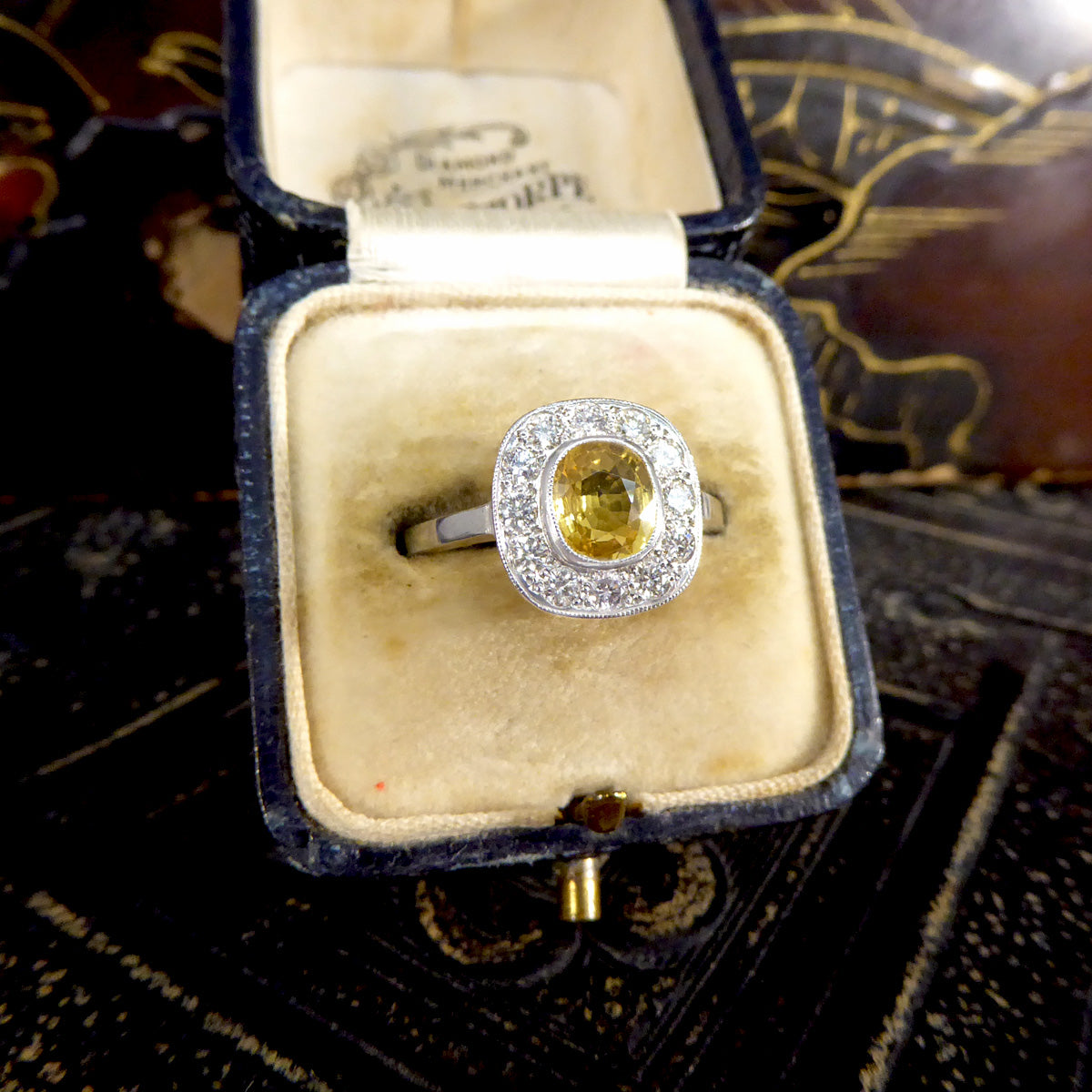 Contemporary 1.50ct Yellow Sapphire and Diamond Cluster Ring in Platinum